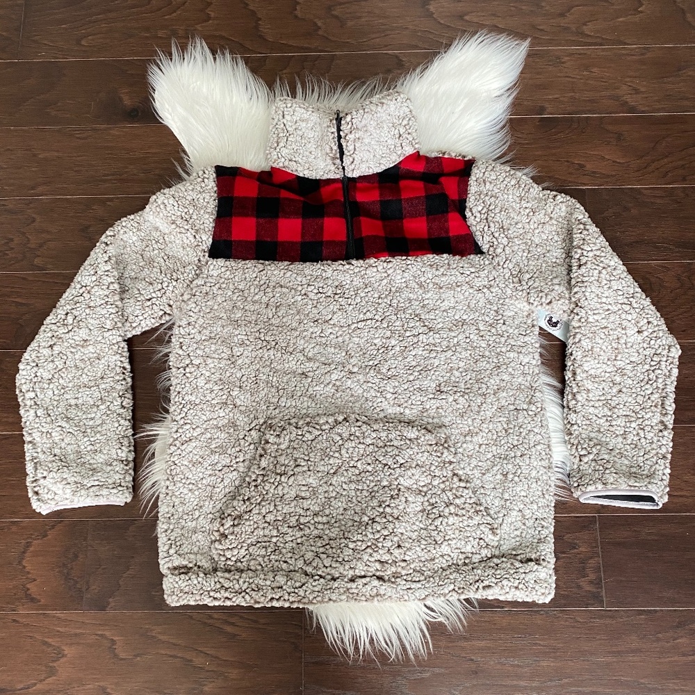 [Boutique] Furry Sherpa Plaid Detail Tan Red
